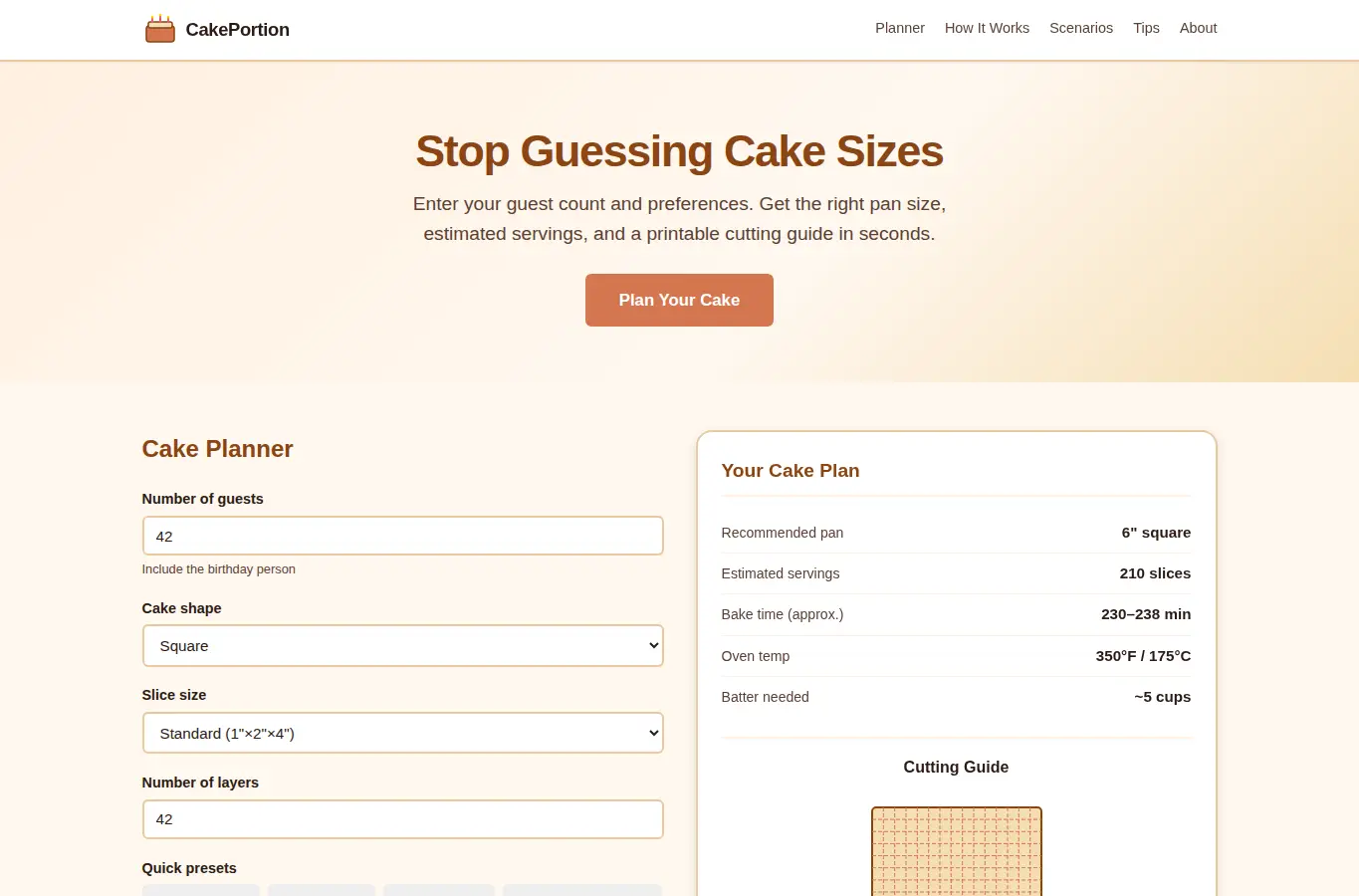 Screenshot of CakePortion: Birthday Cake Size & Slice Planner interface showing the project page in use